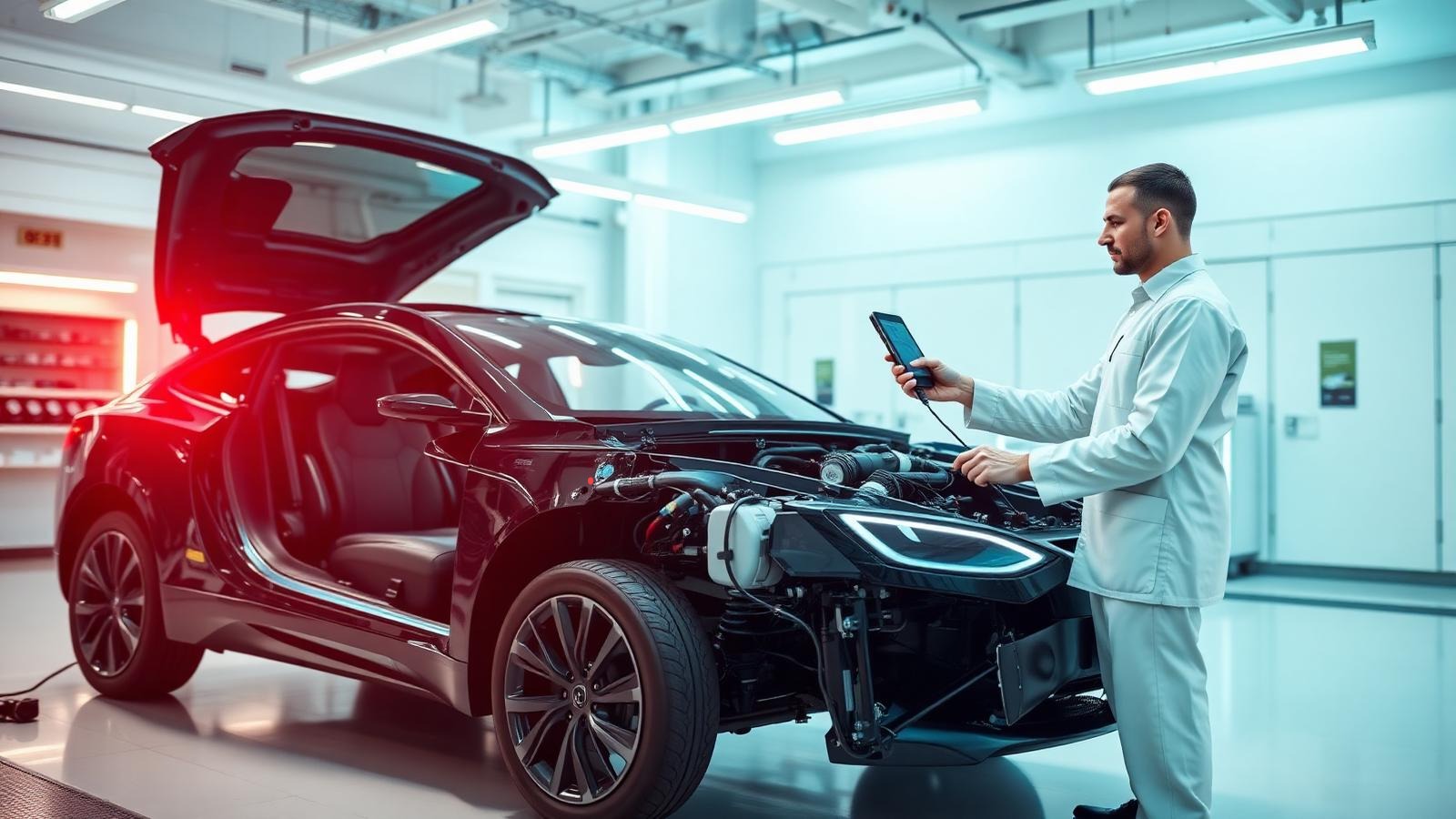 Technician using a diagnostic scanner on an electric vehicle in a training workshop
